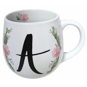 Prima Design White Coffee Cup Mug Monogram Initial "A" 16 Oz Pink Floral Design